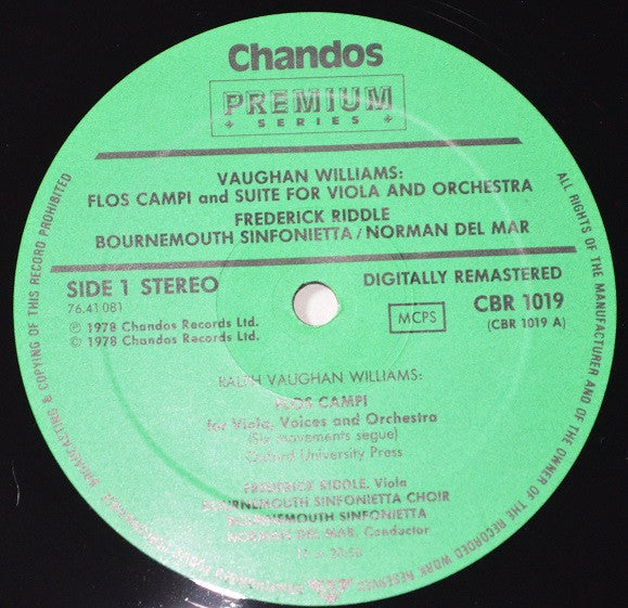 Ralph Vaughan Williams, Frederick Riddle, Bournemouth Sinfonietta, Norman Del Mar : Flos Campi - Suite For Viola & Orchestra (LP, RE, RM)