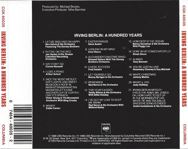 Various : Irving Berlin: A Hundred Years (CD, Comp)