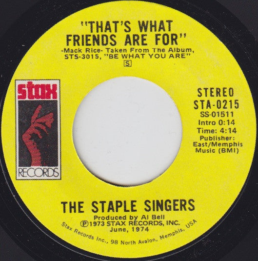 The Staple Singers : City In The Sky / That's What Friends Are For (7", Styrene, Ter)