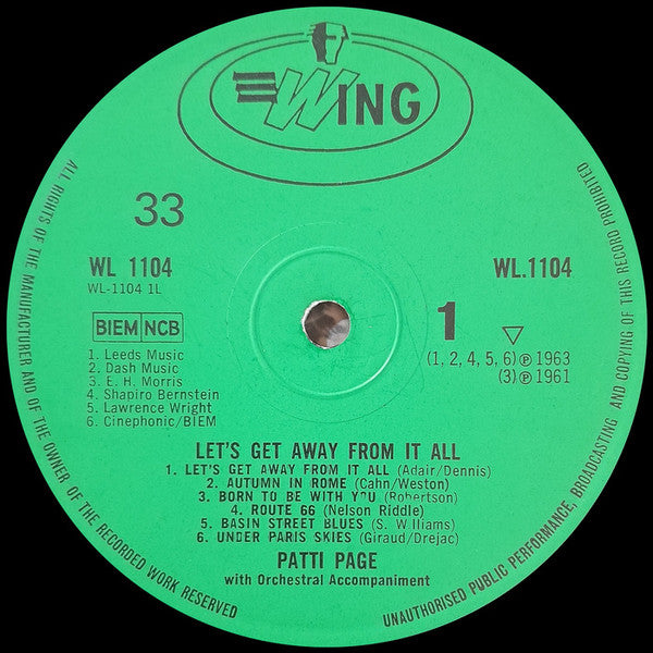 Patti Page : Let's Get Away From It All (LP, Album, Mono, RE)