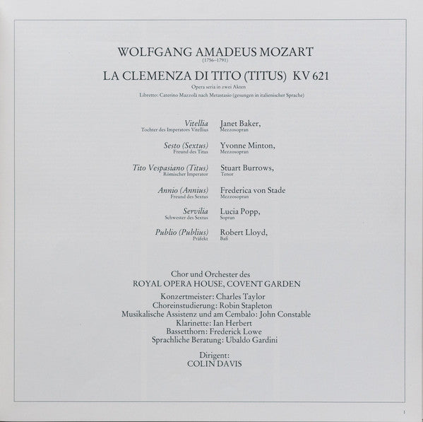 Wolfgang Amadeus Mozart - Sir Colin Davis, Janet Baker, Yvonne Minton, Stuart Burrows, Frederica von Stade, Lucia Popp, Robert Lloyd (4), Orchestra Of The Royal Opera House, Covent Garden And Chorus Of The Royal Opera House, Covent Garden : La Clemenza Di Tito (3xLP + Box)