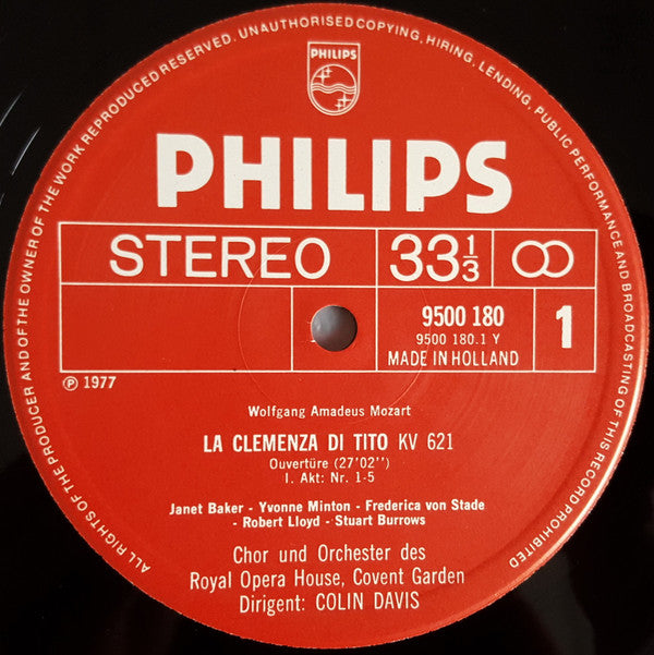 Wolfgang Amadeus Mozart - Sir Colin Davis, Janet Baker, Yvonne Minton, Stuart Burrows, Frederica von Stade, Lucia Popp, Robert Lloyd (4), Orchestra Of The Royal Opera House, Covent Garden And Chorus Of The Royal Opera House, Covent Garden : La Clemenza Di Tito (3xLP + Box)