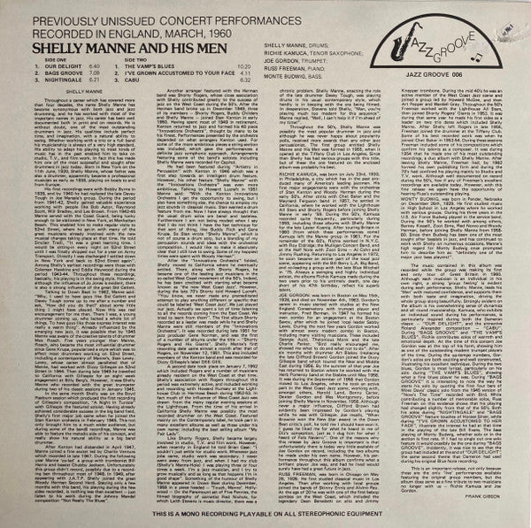 Shelly Manne & His Men : West Coast Jazz In England (LP, Album, Mono)