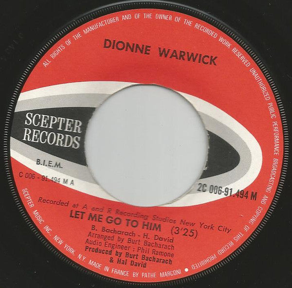 Dionne Warwick : Let Me Go To Him (7", Single)