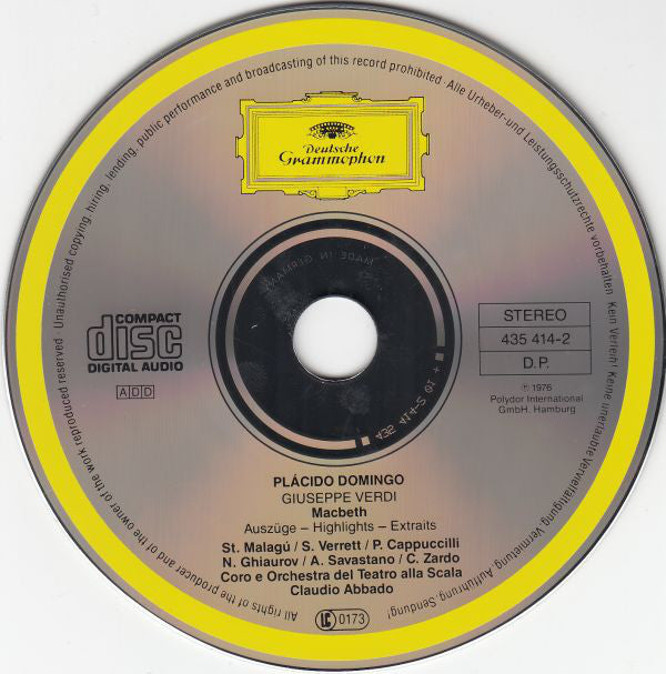 Placido Domingo / Giuseppe Verdi : Shirley Verrett · Piero Cappuccilli · Nicolai Ghiaurov · Claudio Abbado : Macbeth (Auszüge · Highlights · Extraits) (CD, RM)