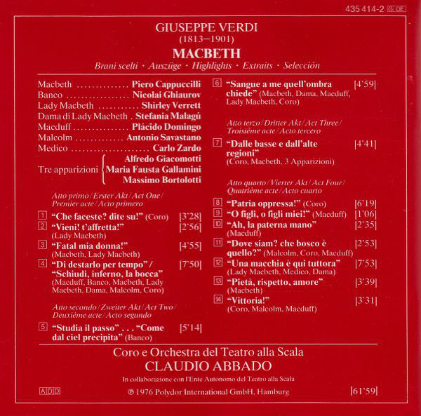 Placido Domingo / Giuseppe Verdi : Shirley Verrett · Piero Cappuccilli · Nicolai Ghiaurov · Claudio Abbado : Macbeth (Auszüge · Highlights · Extraits) (CD, RM)