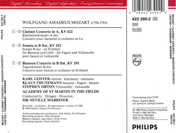 Wolfgang Amadeus Mozart - Karl Leister • Klaus Thunemann, The Academy Of St. Martin-in-the-Fields, Sir Neville Marriner : Clarinet Concerto • Bassoon Concerto = Fagottkonzert (CD, Album)