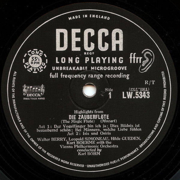 Wolfgang Amadeus Mozart - Hilde Güden • Wilma Lipp • Emmy Loose • Leopold Simoneau • Walter Berry • Kurt Böhme • Wiener Staatsopernchor • Wiener Philharmoniker • Karl Böhm : The Magic Flute (Highlights) (10")