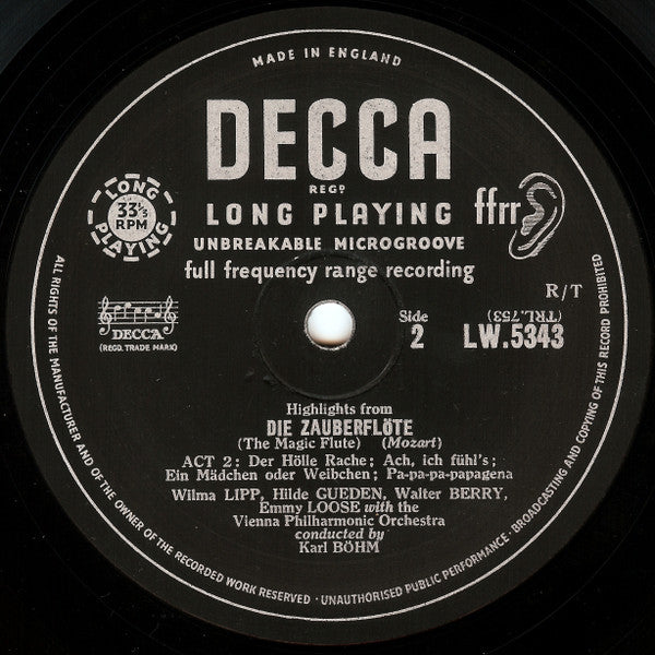 Wolfgang Amadeus Mozart - Hilde Güden • Wilma Lipp • Emmy Loose • Leopold Simoneau • Walter Berry • Kurt Böhme • Wiener Staatsopernchor • Wiener Philharmoniker • Karl Böhm : The Magic Flute (Highlights) (10")