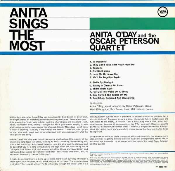 Anita O'Day And The Oscar Peterson Quartet : Anita Sings The Most (LP, Album, Mono, RE)