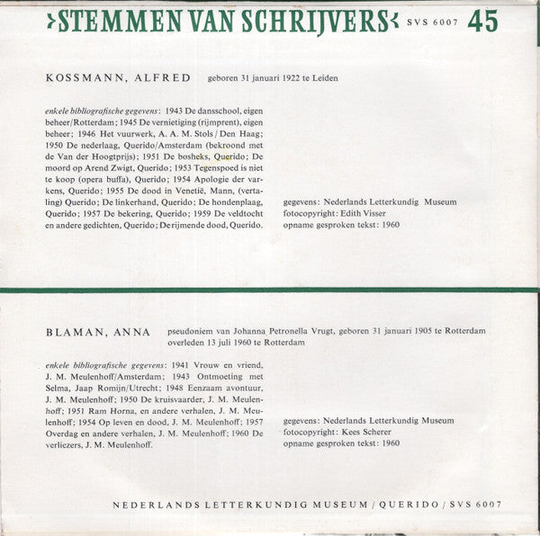 Alfred Kossmann / Anna Blaman : Stemmen Van Schrijvers (7", EP, Mono)