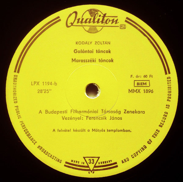 Zoltán Kodály – The Budapest Philharmonic Orchestra Conducted By János Ferencsik : Háry János Suite · Marosszék Dances · Galánta Dances (LP, Mono)