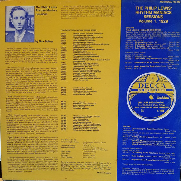 Philip Lewis (4) : The Philip Lewis Rhythm Maniacs Volume 1. 1929  (LP, Comp)