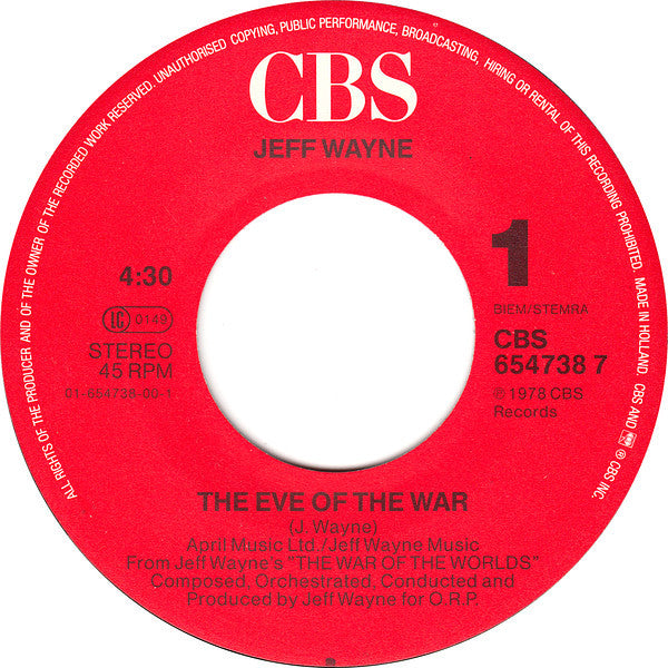 Jeff Wayne : The Eve Of The War (7", Single, RE)