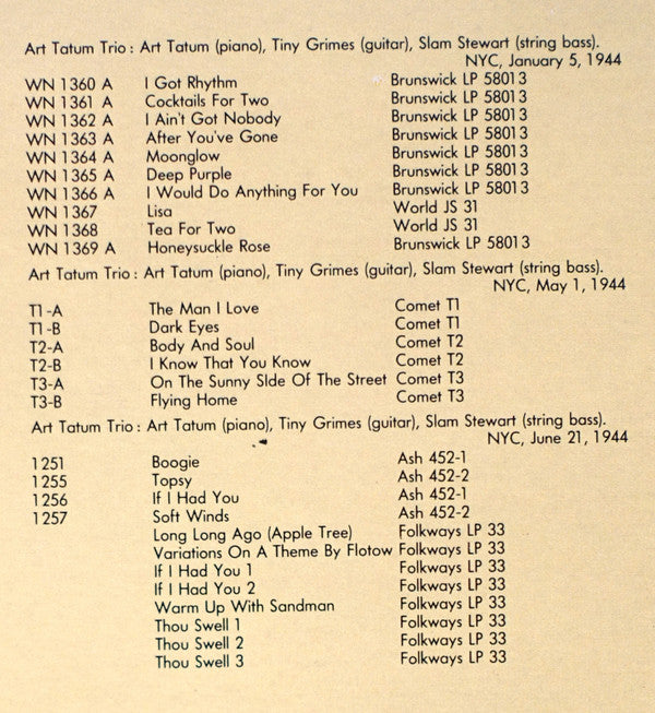 Art Tatum Trio : The Complete Trio Sessions With Tiny Grimes & Slam Stewart Vol. 1 (LP, Comp)