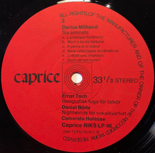 Camerata Holmiæ, Claudio Monteverdi, Clément Janequin, Darius Milhaud, Ernst Toch, Daniel Börtz : Camerata Holmiæ (LP, Album)