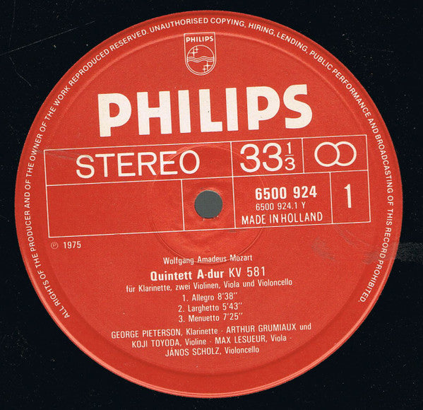 Wolfgang Amadeus Mozart - George Pieterson, Pierre Pierlot, Arthur Grumiaux, Koji Toyoda, Max Lesueur, Janos Scholz : Clarinet Quintet, K.581 / Oboe Quartet, K.370 (LP)