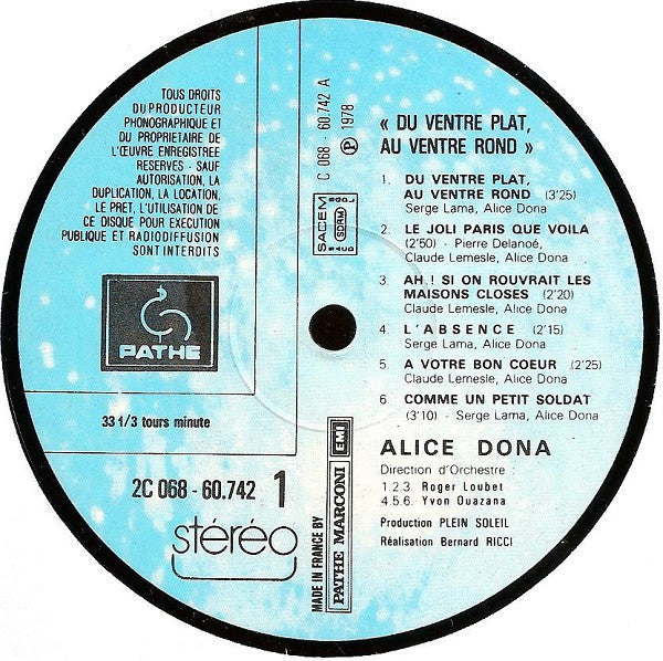 Alice Dona : Du Ventre Plat, Au Ventre Rond (LP, Album)
