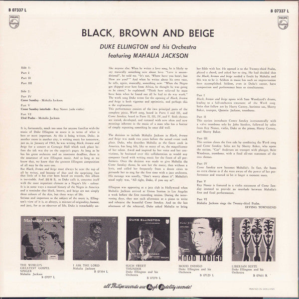 Duke Ellington And His Orchestra Featuring Mahalia Jackson : Black, Brown And Beige (LP, Album, Mono)