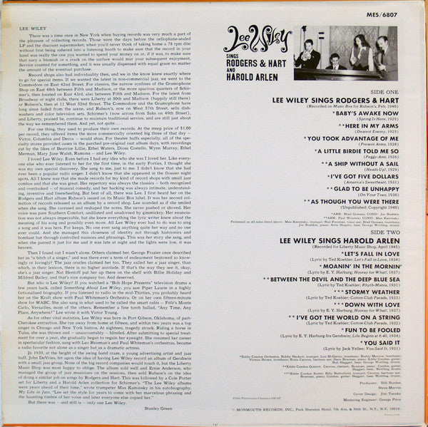 Lee Wiley / Rodgers & Hart, Harold Arlen : Lee Wiley Sings Rodgers & Hart And Harold Arlen (LP, Comp)