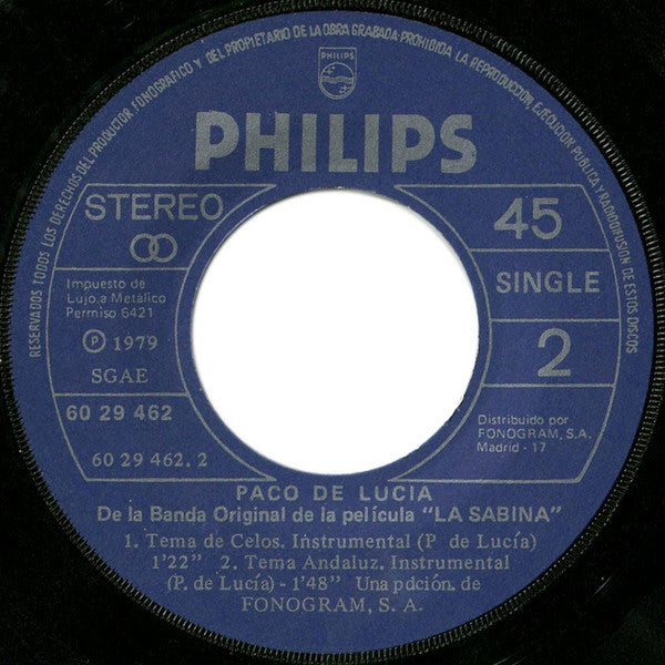 Paco De Lucía : Tema De Amor (Banda Sonora Original De La Película "La Sabina") (7", Single)