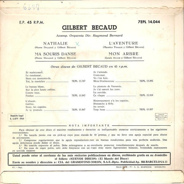 Gilbert Bécaud : L'Aventure / Nathalie / Mon Arbre / Ma Souris Danse (7", EP)