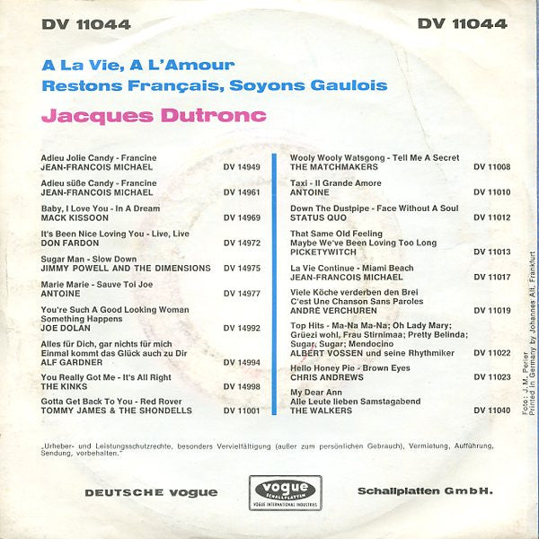 Jacques Dutronc : A La Vie A L'amour (7", Single)
