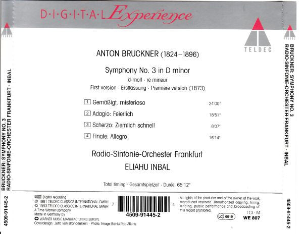 Anton Bruckner : Radio-Sinfonie-Orchester Frankfurt · Eliahu Inbal : Symphony No. 3 (CD, Album)
