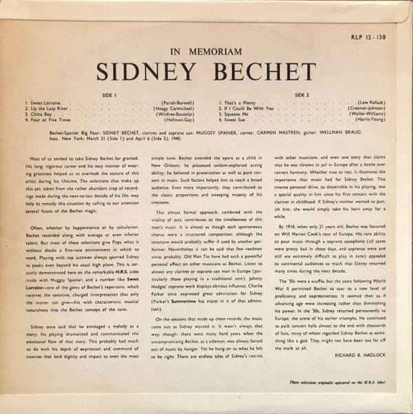 Sidney Bechet : In Memoriam (LP, Comp, Mono)