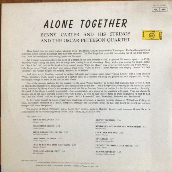 Benny Carter & His Strings With The Oscar Peterson Quartet : Alone Together (LP, Album, Mono, RE)