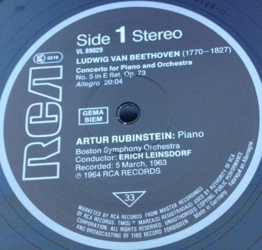 Ludwig van Beethoven, Arthur Rubinstein, Boston Symphony Orchestra, Erich Leinsdorf : Pianoconcerto No. 5 "Emperor"  (LP, Album, RE)