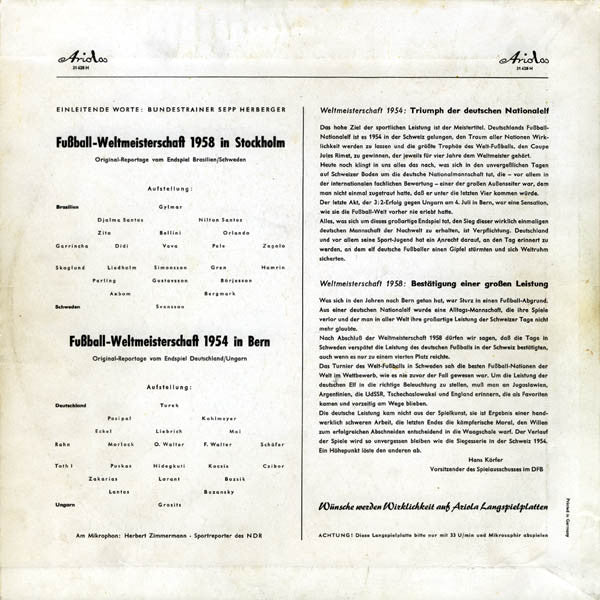 Herbert Zimmermann (3) : Fussball Weltmeisterschaft 1954 -1958 (LP)
