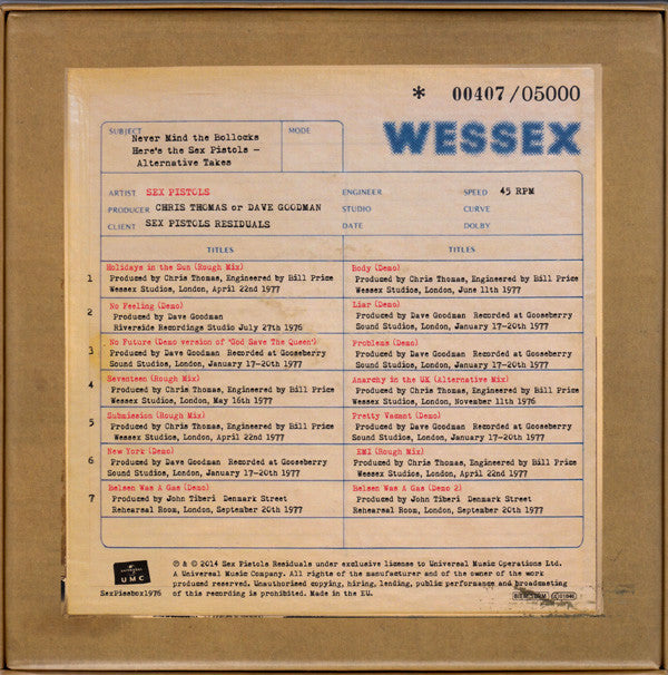 Sex Pistols : Never Mind The Bollocks Here's The Sex Pistols - Alternative Takes (7x7", Single, 70g + Box, RSD, Ltd, Num)