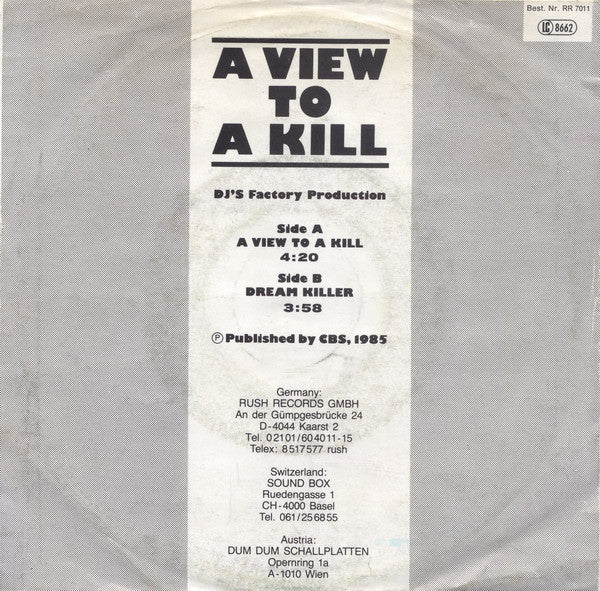 D.J.'s Factory : A View To A Kill (7", Single)