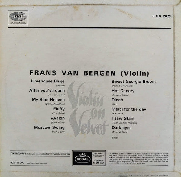 Frans Van Bergen : Violin On Velvet (LP, Album)