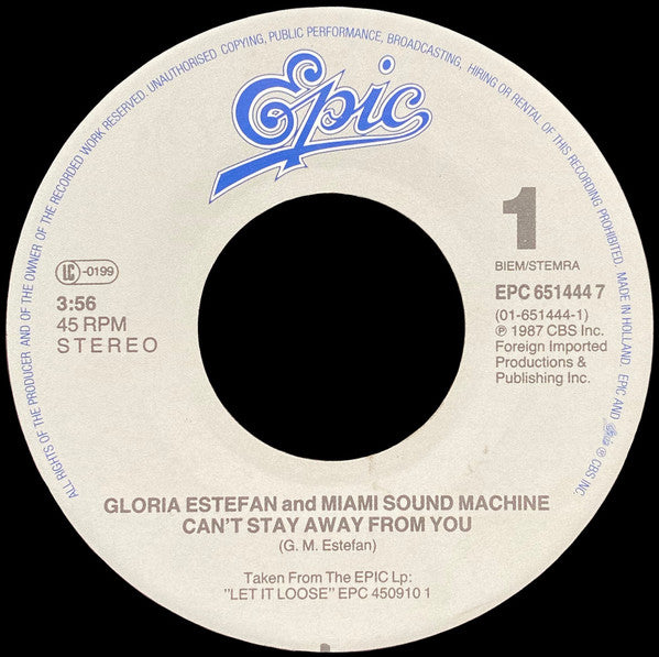 Miami Sound Machine : Can't Stay Away From You (7", Single)