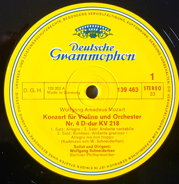 Wolfgang Amadeus Mozart - Berliner Philharmoniker Solist Und Dirigent:  Wolfgang Schneiderhan : Violinkonzerte: Nr. 4 D-dur Kv 218 / Nr. 5 A-dur Kv 219 (LP, Album)