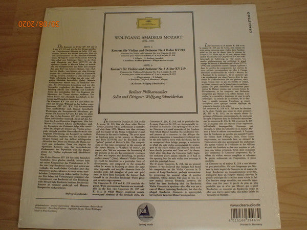 Wolfgang Amadeus Mozart - Berliner Philharmoniker Solist Und Dirigent:  Wolfgang Schneiderhan : Violinkonzerte: Nr. 4 D-dur Kv 218 / Nr. 5 A-dur Kv 219 (LP, Album)