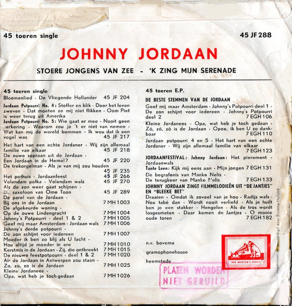Johnny Jordaan : Stoere Jongens Van Zee (7")