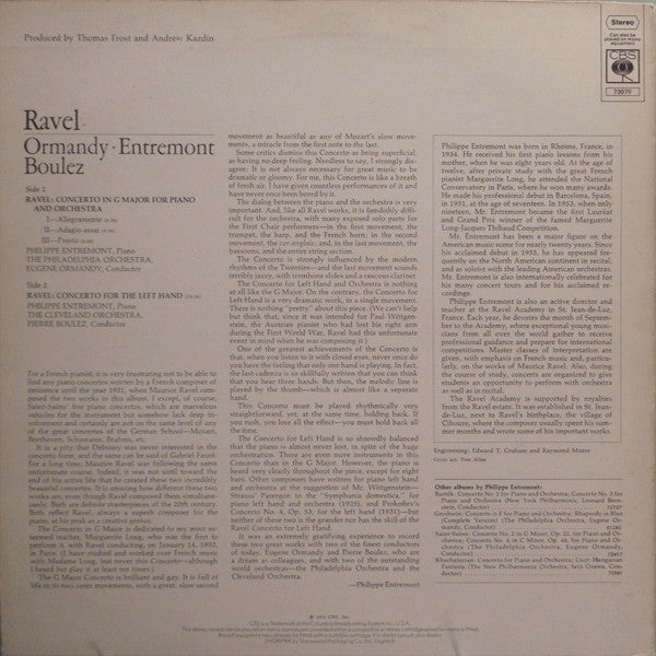 Maurice Ravel - Eugene Ormandy, Philippe Entremont, Pierre Boulez : Piano Concertos (LP)