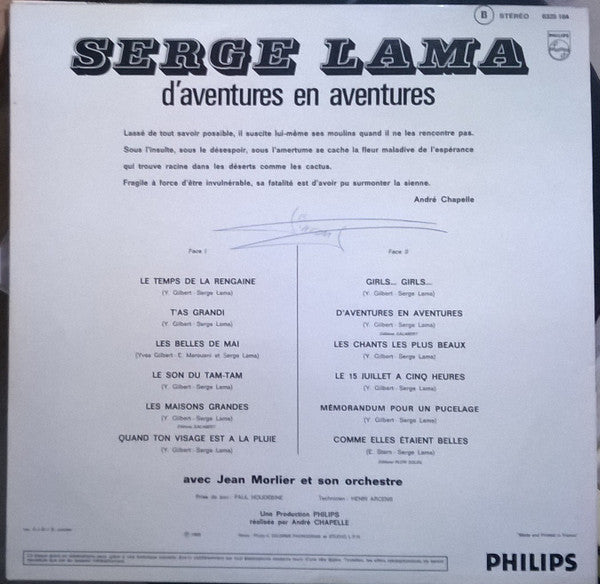 Serge Lama : D'Aventures En Aventures (LP, Album, RE)