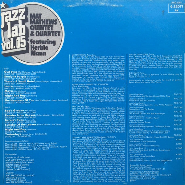 Mat Mathews Quintet & Quartet* Featuring Herbie Mann : Mat Mathews Quintet & Quartet (LP, Album, Comp, RE)