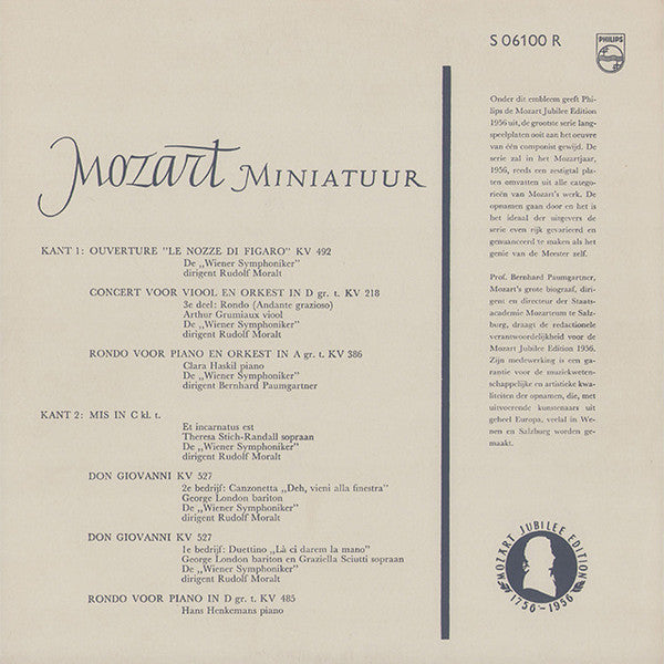 Wiener Symphoniker, Rudolf Moralt, Arthur Grumiaux, Clara Haskil, Bernhard Paumgartner, Teresa Stich-Randall, George London (2), Graziella Sciutti, Hans Henkemans : Mozart Miniatuur (10" + Box)