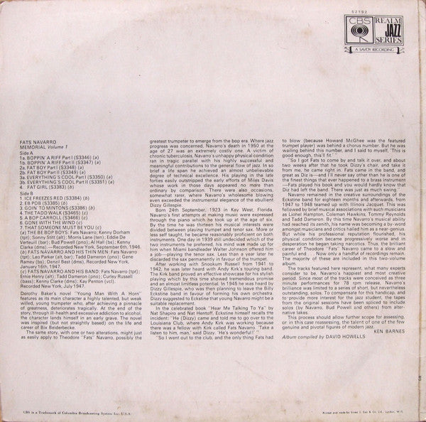 Fats Navarro : Fats Navarro Memorial Volume 1 (LP, Comp, Mono)
