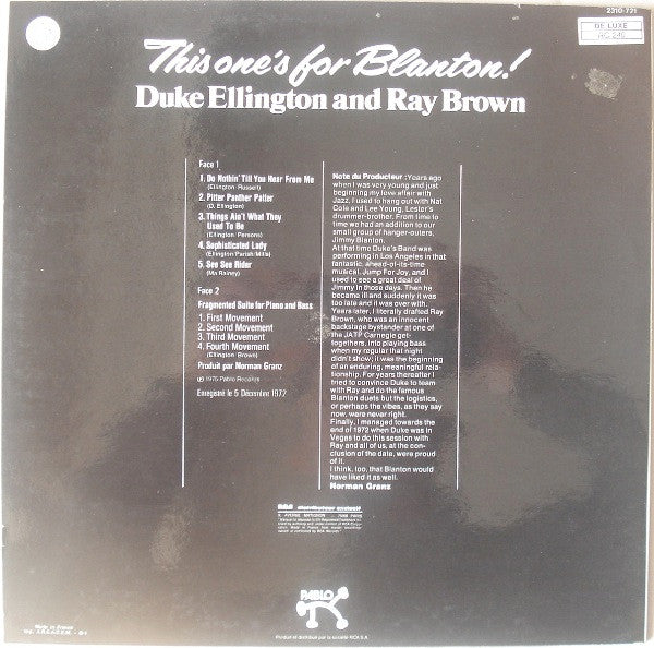 Duke Ellington And Ray Brown : This One's For Blanton! (LP, Album, RE)