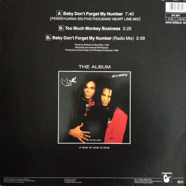 Milli Vanilli : Baby Don't Forget My Number (12", Maxi)