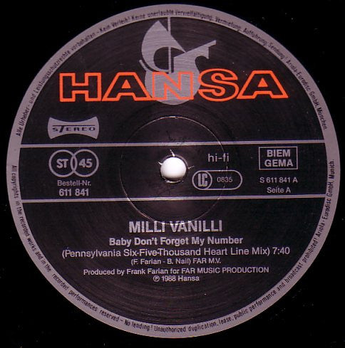 Milli Vanilli : Baby Don't Forget My Number (12", Maxi)