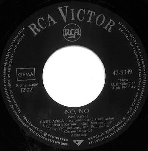 Paul Anka : My Baby's Comin' Home / No, No (7")
