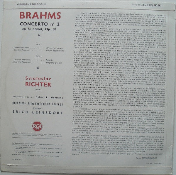 Johannes Brahms - Sviatoslav Richter Et L' Chicago Symphony Orchestra , Sous La Direction De Erich Leinsdorf : Concerto No. 2 En Si Bémol Majeur, Op. 83 (LP, Mono, RP)