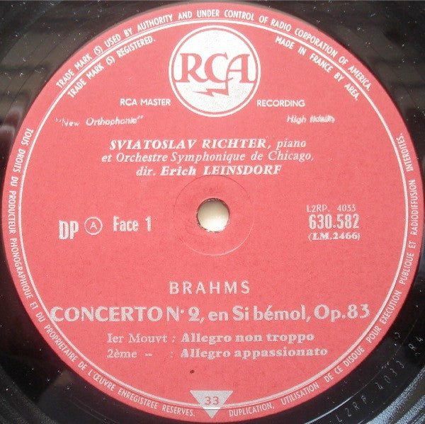Johannes Brahms - Sviatoslav Richter Et L' Chicago Symphony Orchestra , Sous La Direction De Erich Leinsdorf : Concerto No. 2 En Si Bémol Majeur, Op. 83 (LP, Mono, RP)